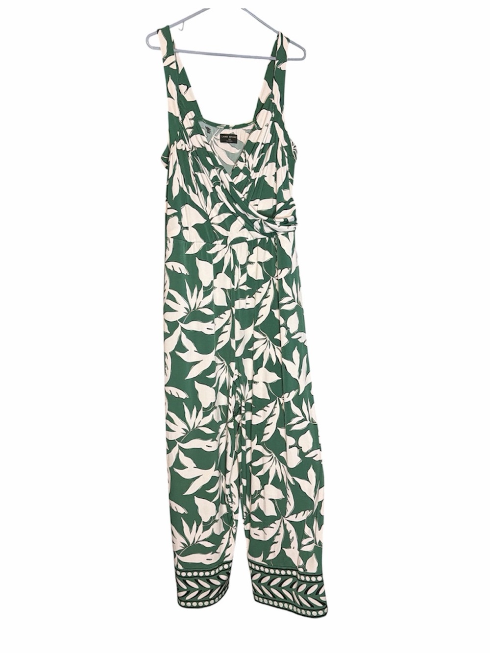 Lane Bryant Green and White Tropical-Print Cross Over Top Jumpsuit